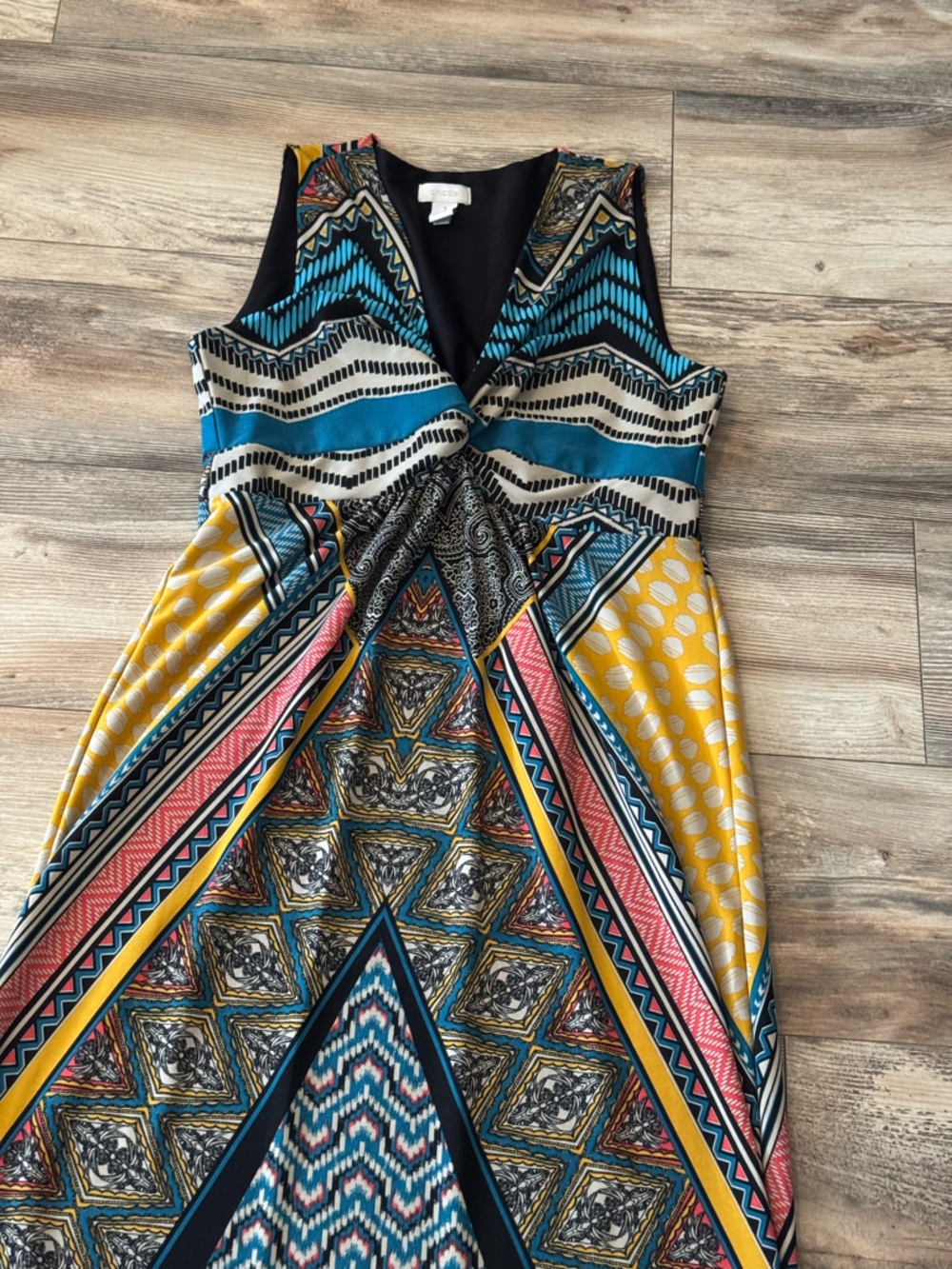 Chico's Ikat-Style Maxi Dress Blue Yellow Chicos size 1 M Wedding Guest Dress